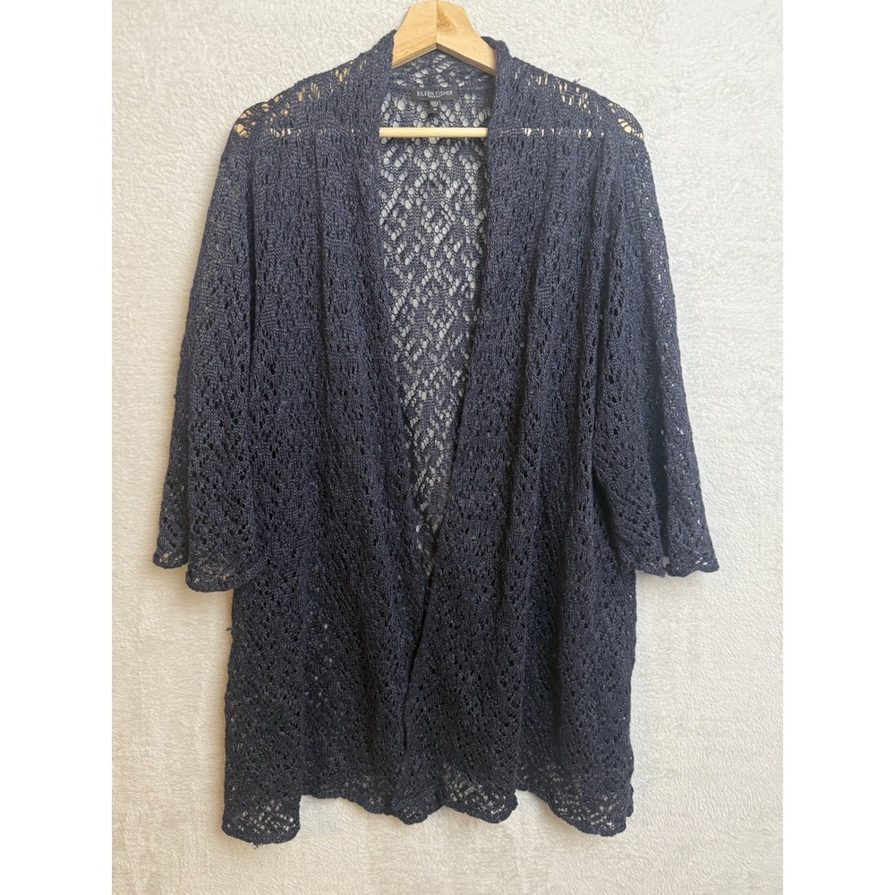 Eileen Fisher Open Front Lace Knit Cardigan Linen Matallic Italian Yarn Boho 1X